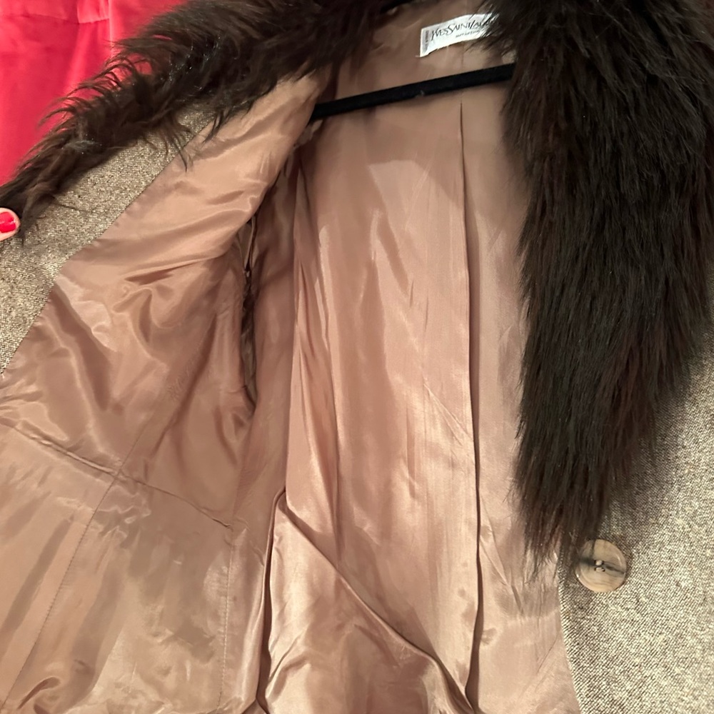 Gorgeous vintage tweed Yves St Laurent suit with faux fur collar